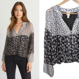 Joie Black & White Floral Chiffon Peasant Top Blouse Puff Sleeves V-Neck